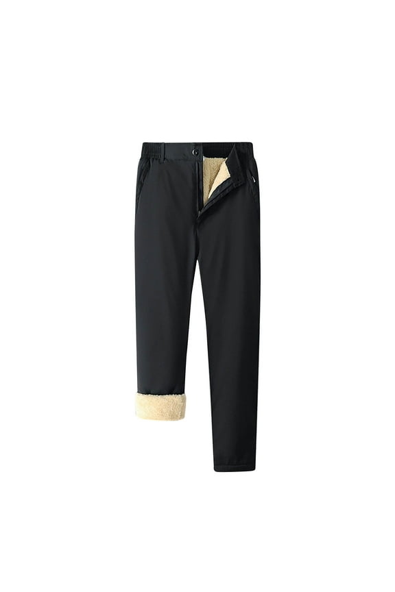 Straight Pants for Men Winter Warm Lamb Fleece Pants Mid Waist Plush Thermal Leggings Long Pants,Black