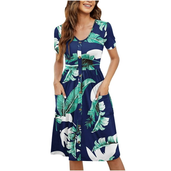 IROINNID Summer Beach Dresses For Women Casual Short Sleeve Loose Printing Slim Pocket Buttons V-Neck Vacation Dress Summer
