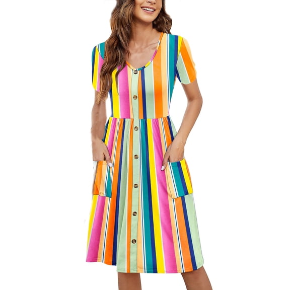 IROINNID Summer Beach Dresses For Women Casual Short Sleeve Loose Printing Slim Pocket Buttons V-Neck Vacation Dress Summer