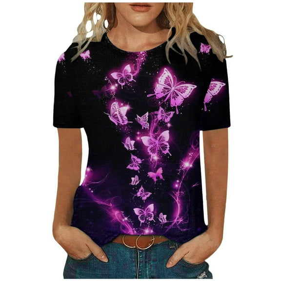 IROINNID Summer Causal Tops For Women Loose T-Shirt Comfy Round Neck Printing Short Sleeve Blouse Spring