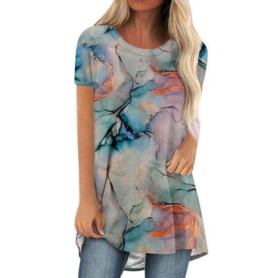 IROINNID Summer Comfy Tops For Women Summer Printed Round-Neck Short Sleeve Tops Blouse