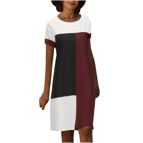 IROINNID Summer Dresses For Mother Temperament Casual Short Sleeve Round-Neck Print Loose Waist Mid-Skirt Dress Summer