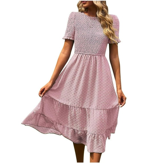 IROINNID Summer Dresses For Women 2023 Pink Comfy Round Neck Short Sleeve Solid Leisure Vacation Dresses On Sale