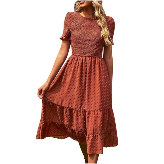 IROINNID Summer Dresses For Women 2023 Pink Comfy Round Neck Short Sleeve Solid Leisure Vacation Dresses Summer Saving