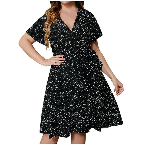 IROINNID Summer Dresses for Women , Plus Size Wedding Guest Knee Length Dresses for Women with Short Sleeve and V-Neck Flowy soild Color Summer Outfits Dress