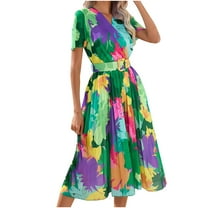 IROINNID Summer Dresses for Women , Floral Plus Size Wedding Guest Maxi Dresses for Women with Short Sleeve and V-Neck Belt Summer Outfits Dress