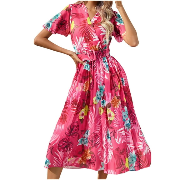 IROINNID Summer Dresses for Women , Floral Plus Size Wedding Guest Maxi Dresses for Women with Short Sleeve and V-Neck Belt Summer Outfits Dress