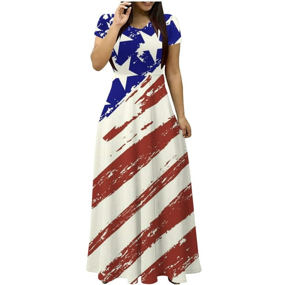 IROINNID Summer Dresses for Women , Independence Day Maxi Dresses for Women, Plus Size Short Sleeve and Round Neck Loose Summer Dresses