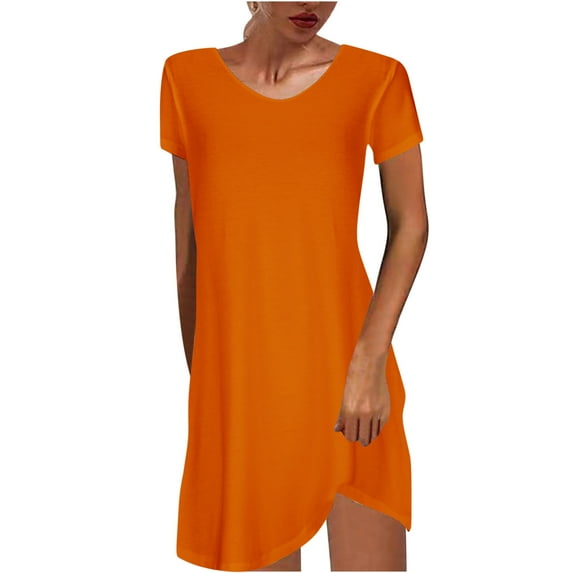 IROINNID Summer Dresses for Women , Midi Dress Summer Casual Short Sleeve and Round Neck Flowy Soild Color Outfits Sun Dress