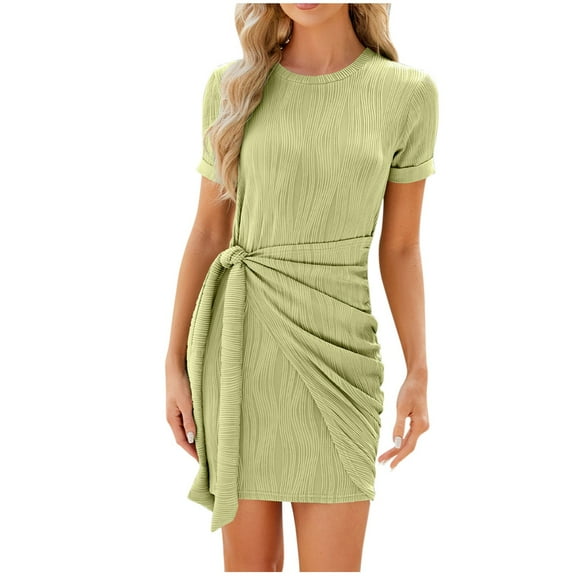 IROINNID Summer Dresses for Women Outfits Soild Color Short Dresses with Round Neck and Short Sleeve Drawstring Summer Dresses