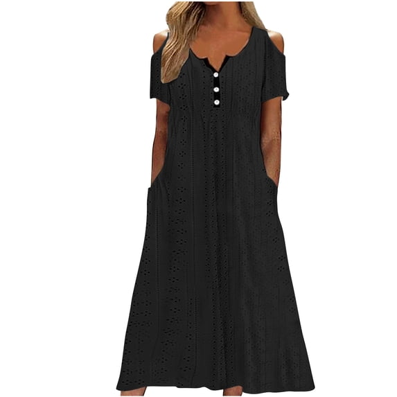 IROINNID Summer Dresses for Women 2024, Plus Size Maxi Dress Short Sleeve and V-Neck Soild Color with Pocket Summer Holiday Dresses