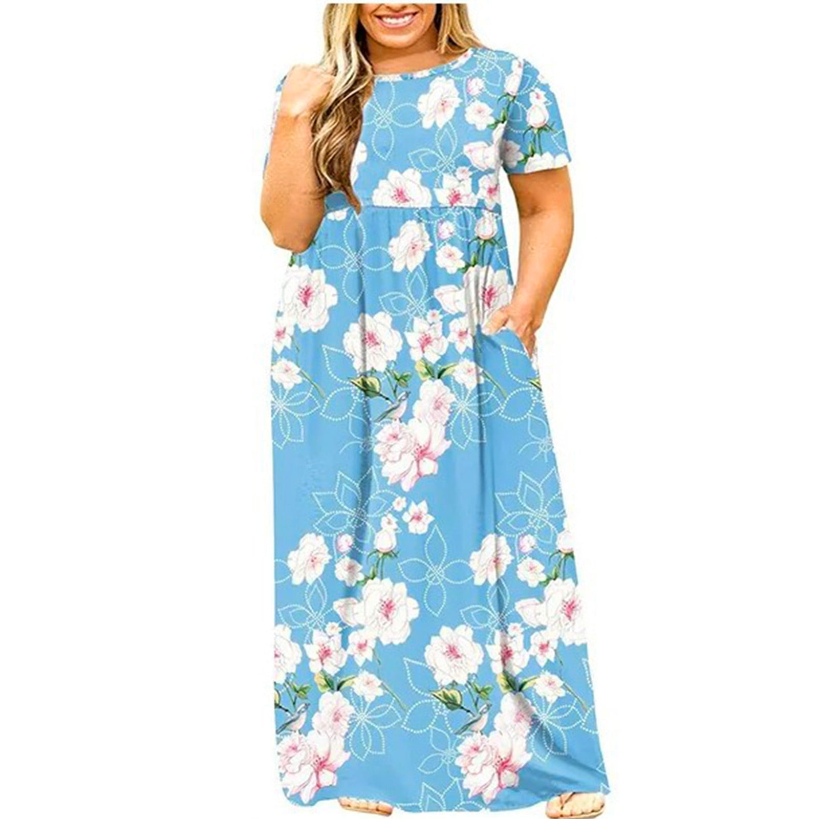 JollieLovin Plus Size Summer Dress - Short Sleeve Floral Swing Dress With Pockets (Navy Blue, 4X)