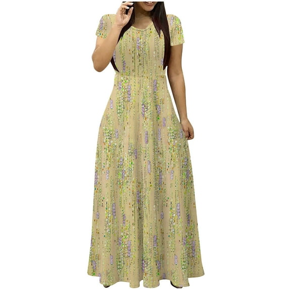 IROINNID Summer Dresses for Women 2024, Slim Maxi Dresses for Women with Short Sleeve and V-Neck Summer Printed Outfits Dress