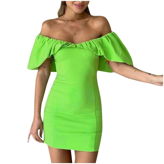 IROINNID Summer Dresses for Women , Summer Slim Short Dress Short Sleeve and Off-The-Shoulder Soild Color Holiday Dresses