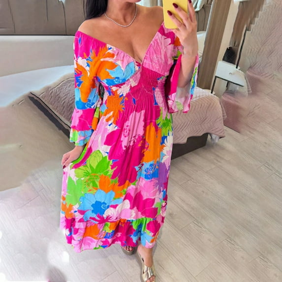 IROINNID Summer Dresses for Women 2024, Sun Dresses for Women, Plus Size Floral Printed Maxi Dress Short Sleeve and V-Neck Outfits Dress