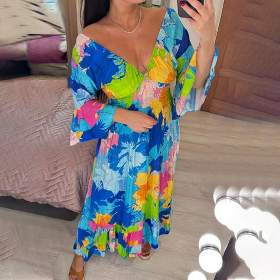 IROINNID Summer Dresses for Women , Sun Dresses for Women, Plus Size Floral Printed Maxi Dress Short Sleeve and V-Neck Outfits Dress