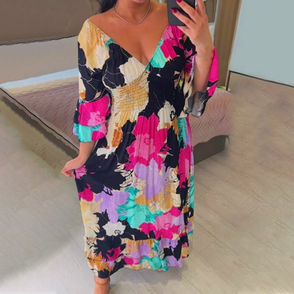 IROINNID Summer Dresses for Women , Sun Dresses for Women, Plus Size Floral Printed Maxi Dress Short Sleeve and V-Neck Outfits Dress
