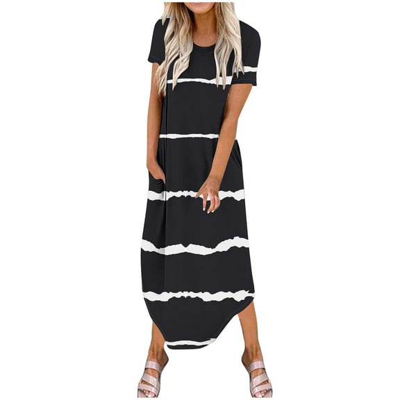 IROINNID Summer Dresses for Women , Sundresses for Women, Maxi Dress Summer Casual Short Sleeve and Round Neck Stripe Outfits Dress