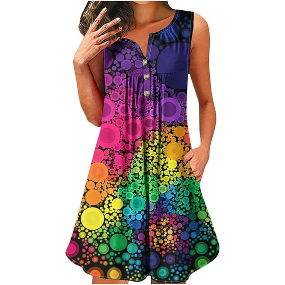 IROINNID Summer Dresses for Women , Wedding Guest Dresses for Women , Round Neck and Sleeveless Printed Flowy Casual Vacation Dresses