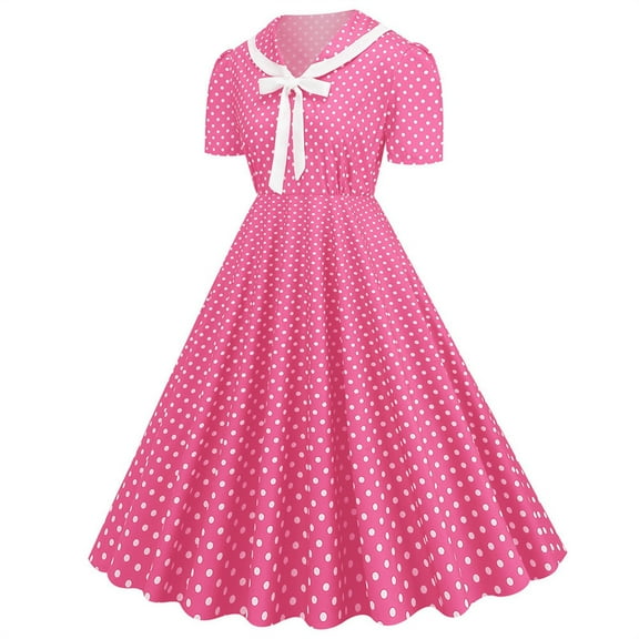 IROINNID Wedding Guest Dresses for Women Evening Night Formal Fall Dress A Line Flare Vintage Dress Bowknot Prom V-Neck Collar Short Sleeve Polka Printing Elegant A-Line Dress,Pink