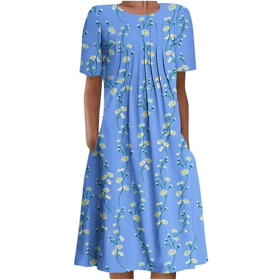 IROINNID Summer Dresses for Women Women Beach Knee Length Dresses with Round Neck and Short Sleeve Ruffled Floral Summer Outfits Dress