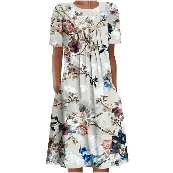 IROINNID Summer Dresses for Women , Women Beach Knee Length Dresses with Round Neck and Short Sleeve Ruffled Floral Summer Outfits Dress