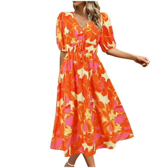 IROINNID Summer Dresses for Women 2024, Women Maxi Wedding Guest Dresses, Short Sleeve and Round Neck Loose Floral Summer Dresses