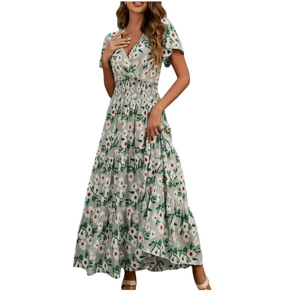 IROINNID Summer Dresses for Women , Women Maxi Wedding Guest Dresses, Short Sleeve and V-Neck Casual Floral Ruffled Summer Holiday Dresses