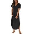 thumbnail image 1 of IROINNID Summer Dresses for Women 2024, Women Maxi Wedding Guest Dresses, Short Sleeve and V-Neck with Pocket Summer Soild Color Holiday Dresses, 1 of 7