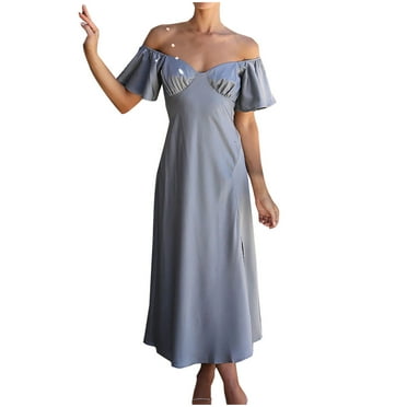 IROINNID Summer Dresses for Women 2024, Women Wedding Guest Maxi Classy Dresses with Short Sleeve and Off-The-Shouder Ruffled Stain Outfits Dress