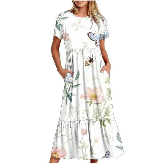 IROINNID Summer Dresses for Women 2024, Women Wedding Guest Maxi Dresses, Short Sleeve and Round Neck Ruffled Flowy Summer Outfits Dress