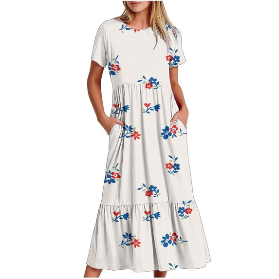 IROINNID Summer Dresses for Women 2024, Women Wedding Guest Maxi Dresses, Short Sleeve and Round Neck Ruffled Flowy Summer Outfits Dress