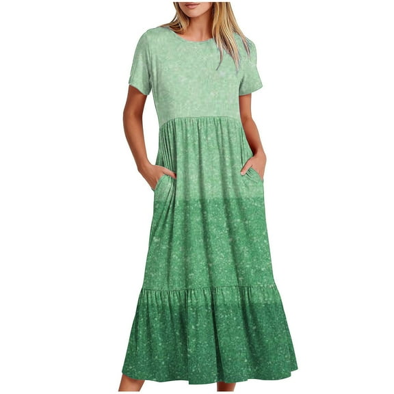 IROINNID Summer Dresses for Women , Women Wedding Guest Maxi Dresses with Short Sleeve and Round Neck Printed Summer Ruffled Outfits Dress