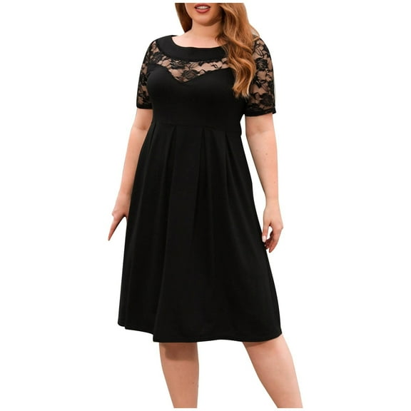 IROINNID Summer Dresses for Women , Plus Size Wedding Guest Knee Length Dresses for Women with Short Sleeve and Round Neck Lace Summer Outfits Dress