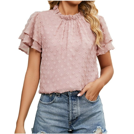 IROINNID Summer Going Out Jacquard Tops For Women Chiffon Double-Layer Solid Color Short-Sleeved Round-Neck Top Clearance Under 10$