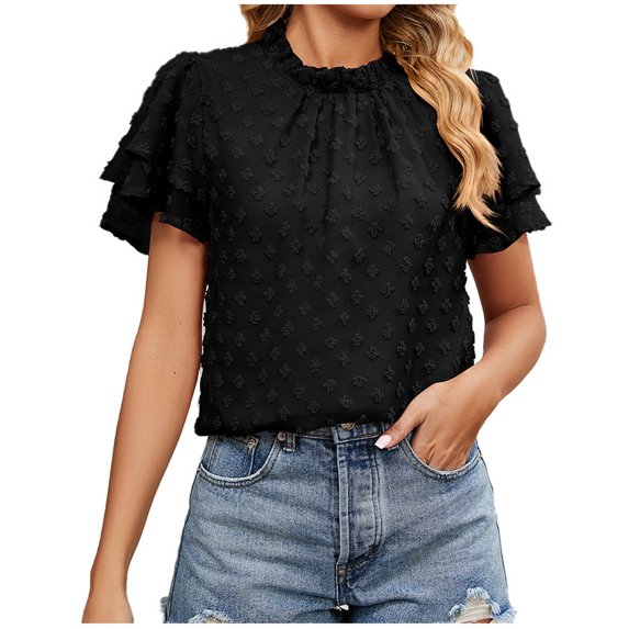 IROINNID Summer Going Out Jacquard Tops For Women Chiffon Double-Layer Solid Color Short-Sleeved Round-Neck Top Clearance
