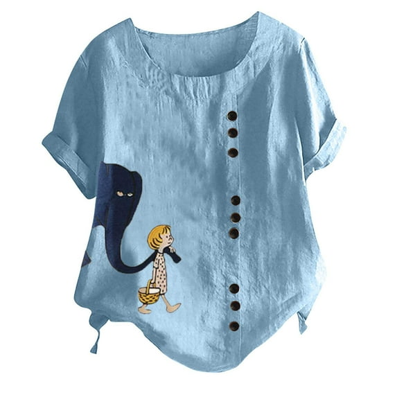 IROINNID Summer Going Out Tops For Women Loose Round Neck Leisure Short Sleeve Printed Buttons Tops Spring Saving Clearance