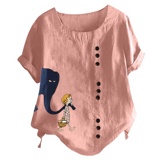 IROINNID Summer Going Out Tops For Women Loose Round Neck Leisure Short Sleeve Printed Buttons Tops Under 10$