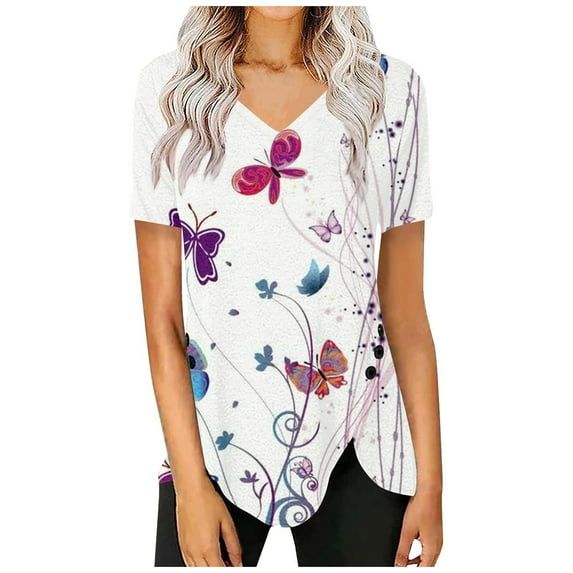 IROINNID Summer Large Size Tops For Women Loose Round Neck Printing Blouse Short Sleeve Tops