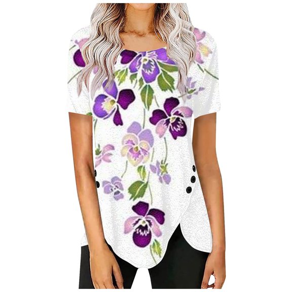 IROINNID Summer Large Size Tops For Women Loose Round Neck Printing Blouse Short Sleeve Tops Spring