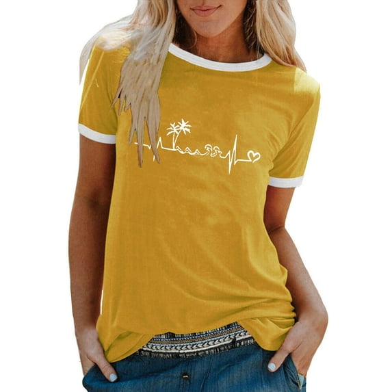 IROINNID Summer T-shirt For Women Fashion Casual Print Round Neck Loose Short Sleeve Top Blouse Spring Saving