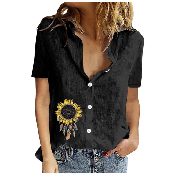 IROINNID Summer Tops For Women Under $10 Button Turn down Neck Short Sleeve Print Short Sleeves Tops On Sale
