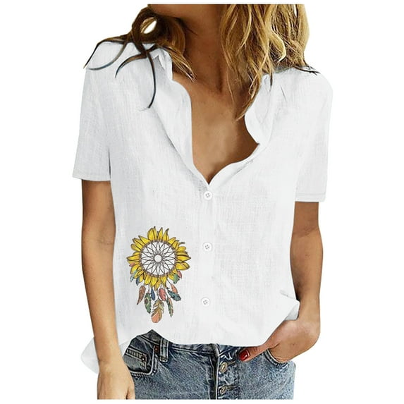 IROINNID Summer Tops For Women Under $10 Button Turn down Neck Short Sleeve Print Short Sleeves Tops Spring Saving