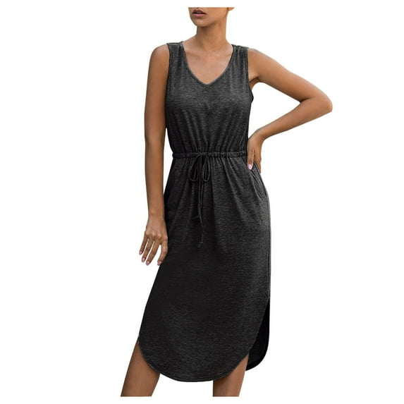 IROINNID Sundress For Women Casual Solid Color Vest Pocket Dress With A Tie V-Neck Knee-Length Dress