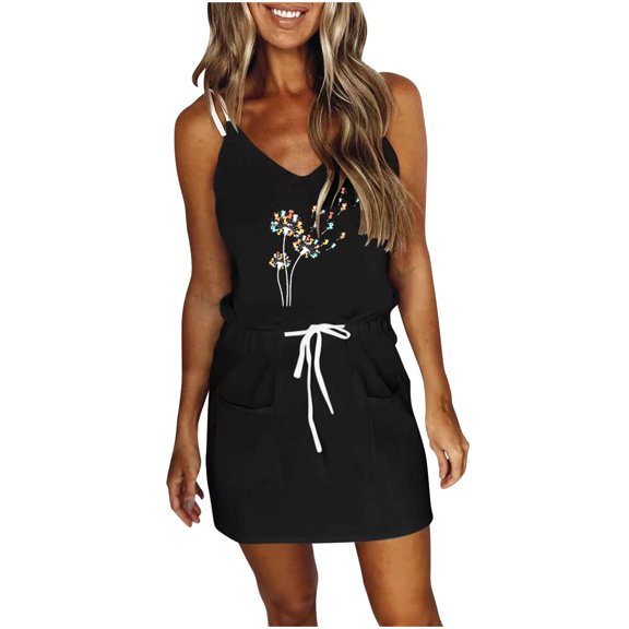 IROINNID Sundress For Women Casual Summer Elastic Waist Sleeveless V-Neck Dress Short Prints Dress