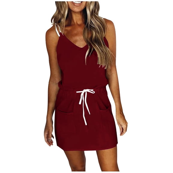 IROINNID Sundress For Women Casual Summer Fashion Waist Pocket Camis Sleeveless V-Neck Dress Short Solid Color Dress