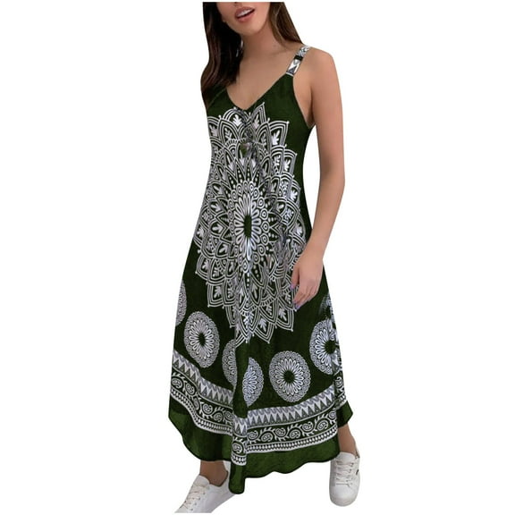 IROINNID Sundress For Women Fashion Casual Totem Printed Sling One-piece Dress V-Neck Full-Length Dress