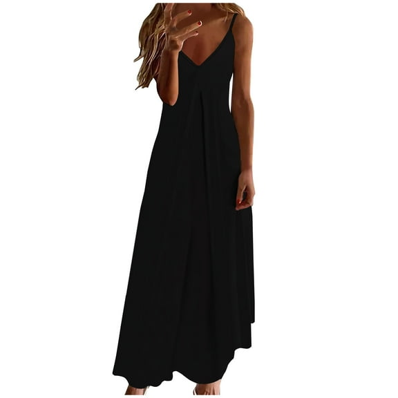 IROINNID Sundress For Women Fashion Summer Casual V-Neck Camis Sleeveless Vest Long Dress Ankle-Length Solid Color Dress