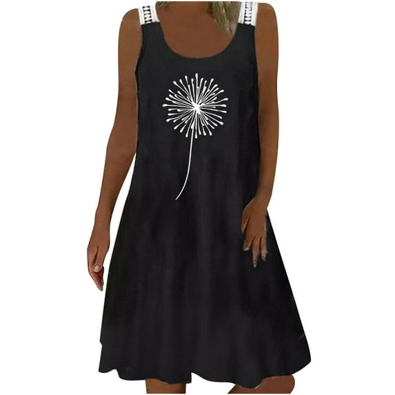 IROINNID Sundress For Women Round Neckline Fashion Sexy Lace Casual Mini Dress Prints Elastic Waist Sleeveless Dress