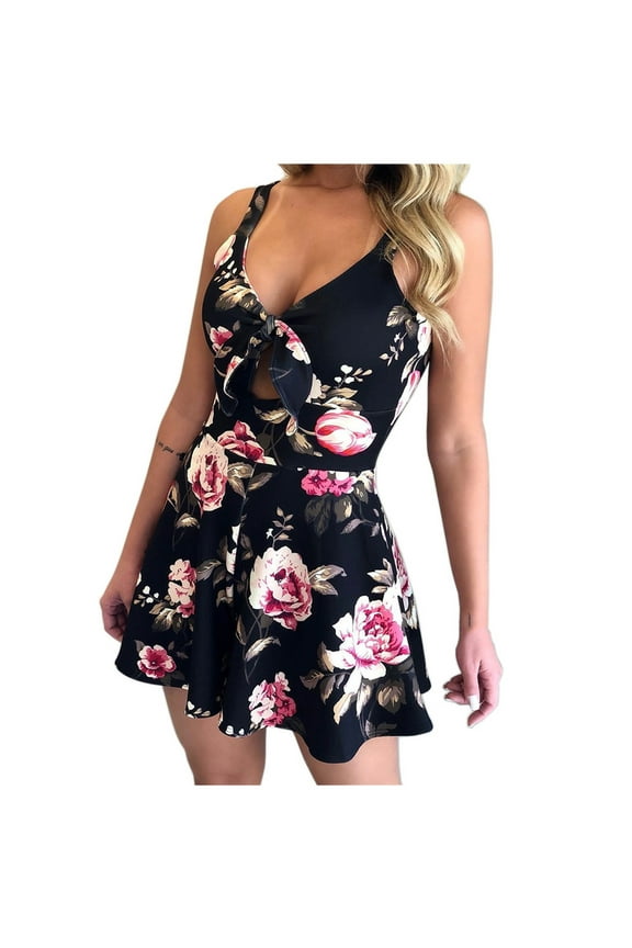 Sundress For Women Sleeveless Ladies Ruffles Bandage Floral Print Camis Mini Dress V-Neck Short Dress Jumpsuit